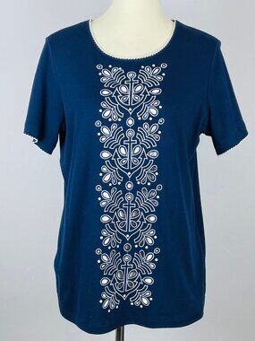 Alfred Dunner T Shirt Top Sz S Navy White Nautical Embroidered Beach Resort